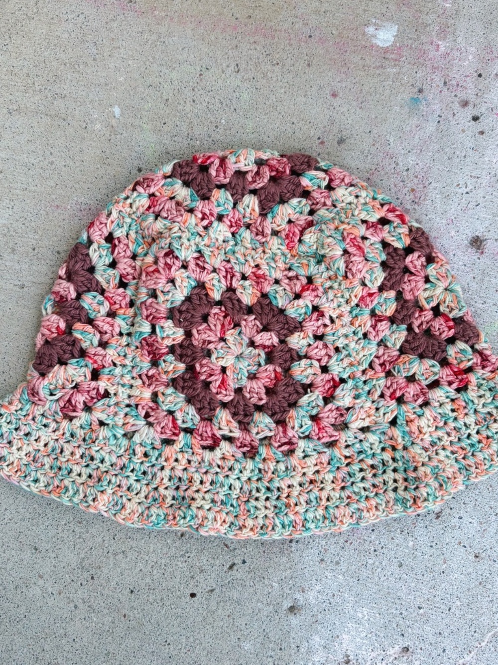 Handmade Crochet Granny Square Bucket Hat in Pinks, Mint Green, and Ivory
